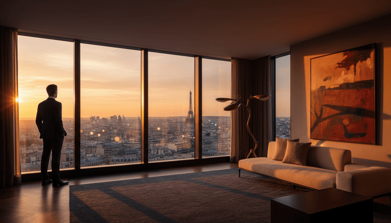 Vue élégante d'un penthouse parisien au coucher de soleil avec vue panoramique sur la ville