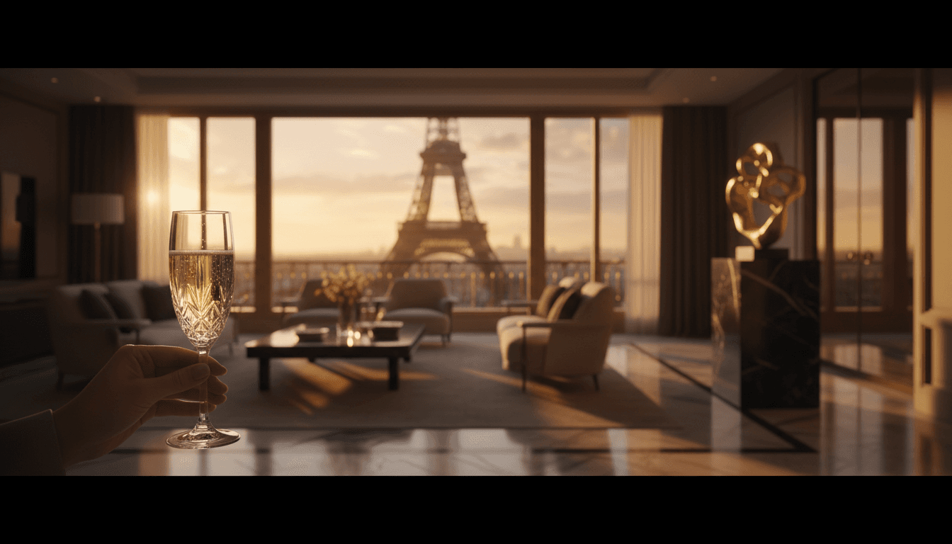 Vue d'une penthouse parisienne luxueuse avec vue sur la Tour Eiffel au coucher du soleil