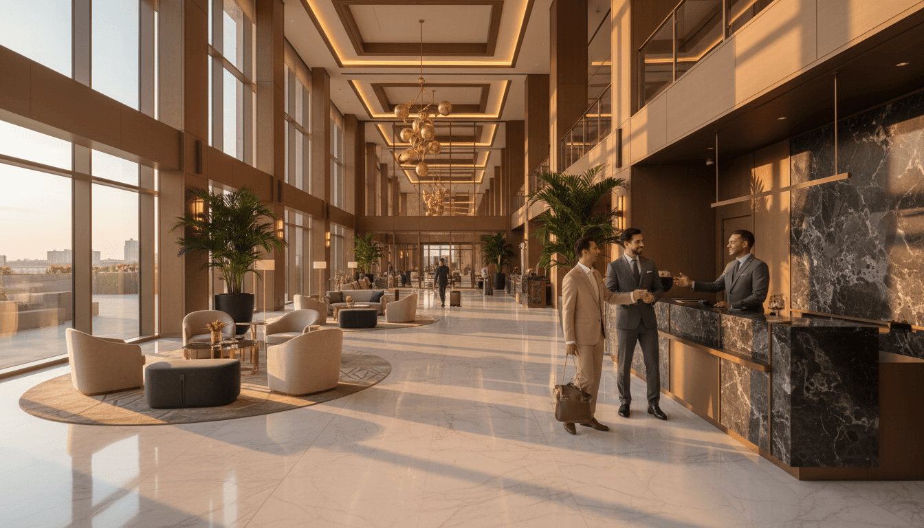 Espace luxe contemporain à Paris où un client discute ses arrangements de voyage avec un concierge professionnel