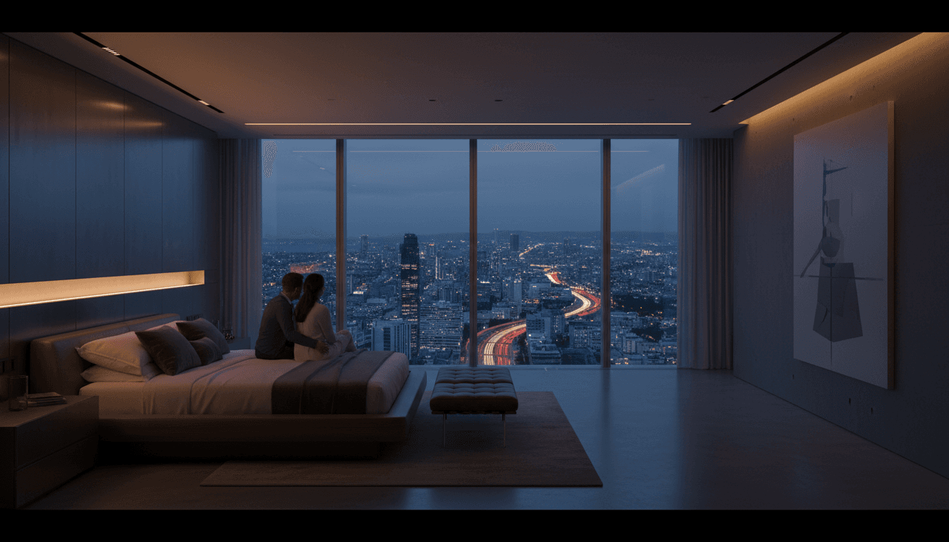Vue élégante d'une terrasse parisienne haut de gamme avec ambiance luxueuse et éclairage doré au crépuscule